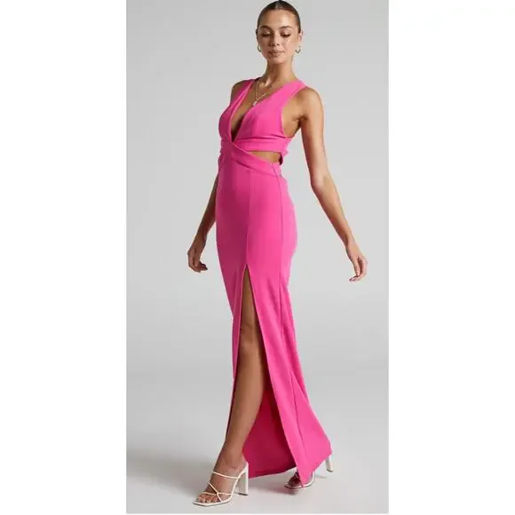Showpo Anjie Pink Plunge V-Neck Maxi Formal Wedding Prom Dress Size 4 - Picture 2 of 10